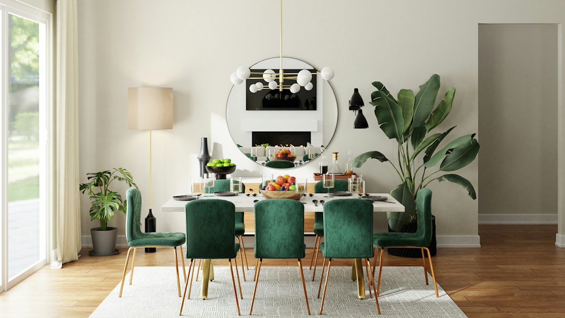 Dining room inspiration with a generous table and green upholstered chairs